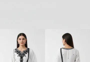 Women’s Black & White Chinon Embroidered Kurta Palazzo Set with Embroidered Dupatta – Elegant Ethnic Ensemble