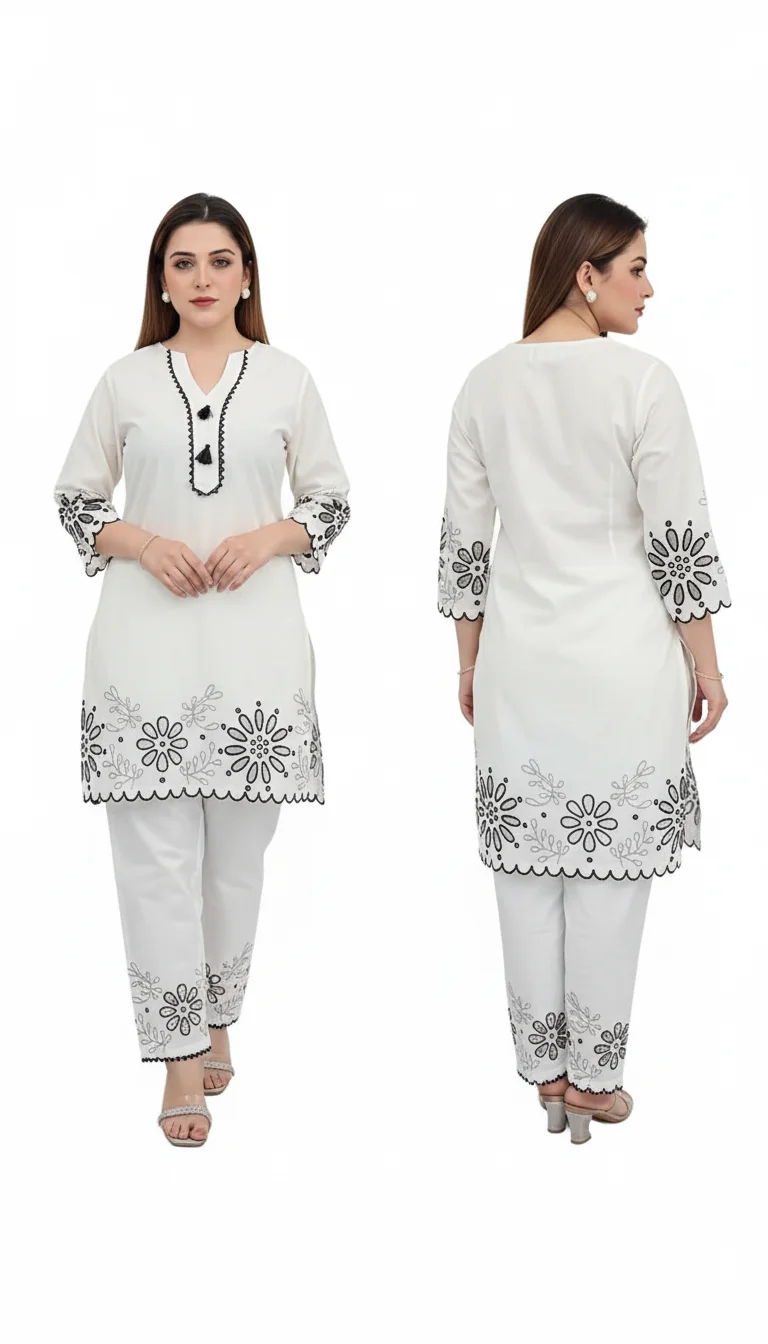 Women’s White Kurti & Pant Set with Black Embroidery – Elegant Ethnic Ensemble