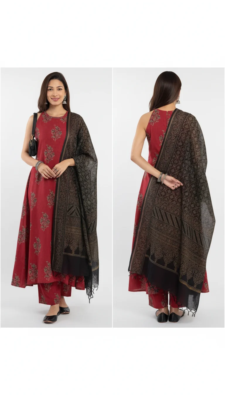 Floral Polka Dot Printed Round-Neck Kurta with Pant & Dupatta – Playful Elegance Meets Comfort