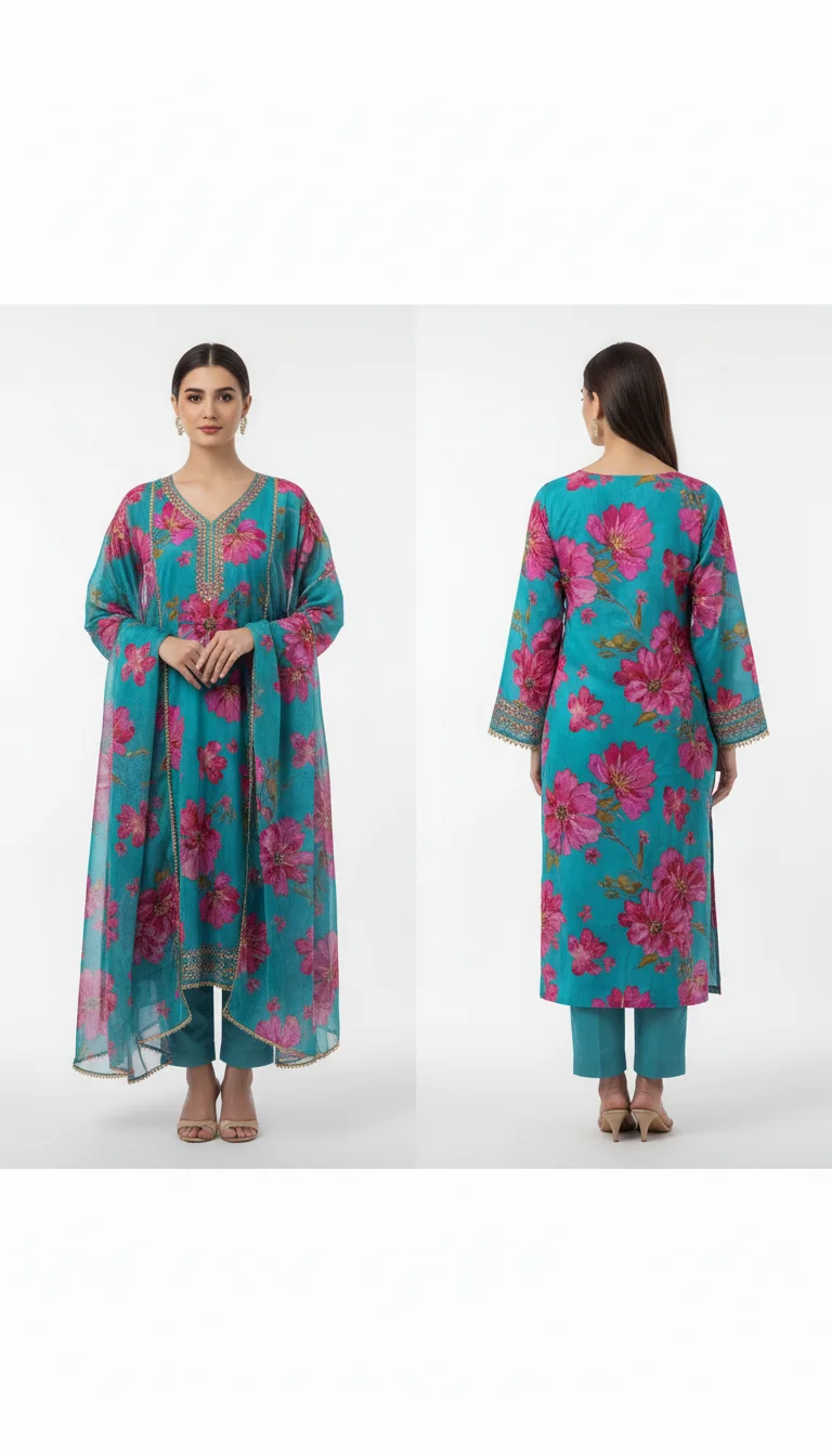Floral Teal Velvet Straight Kurta with Velvet Palazzo and Shawl – A Royal Ensemble