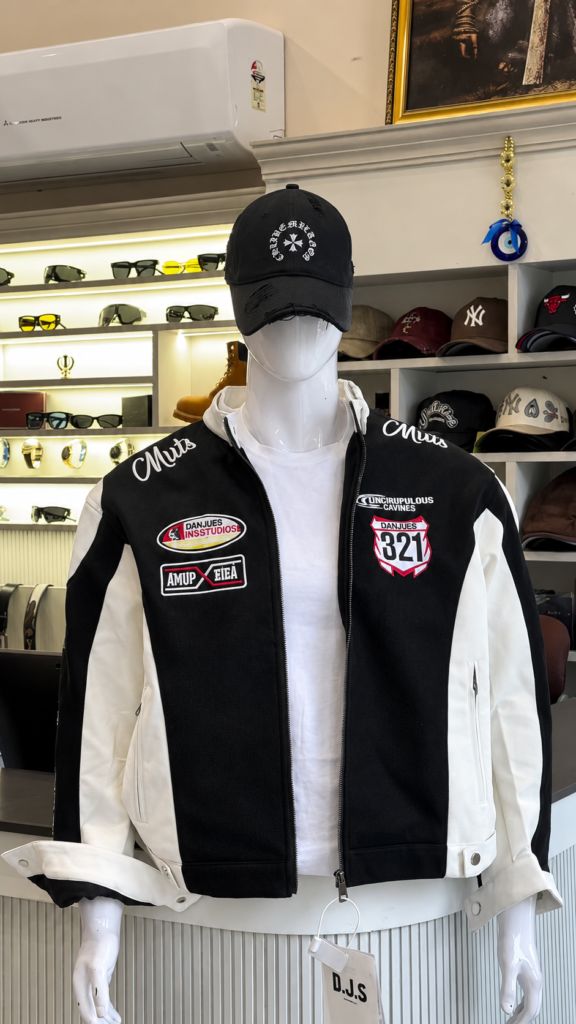 A colour-block faux leather racing-style moto jacket