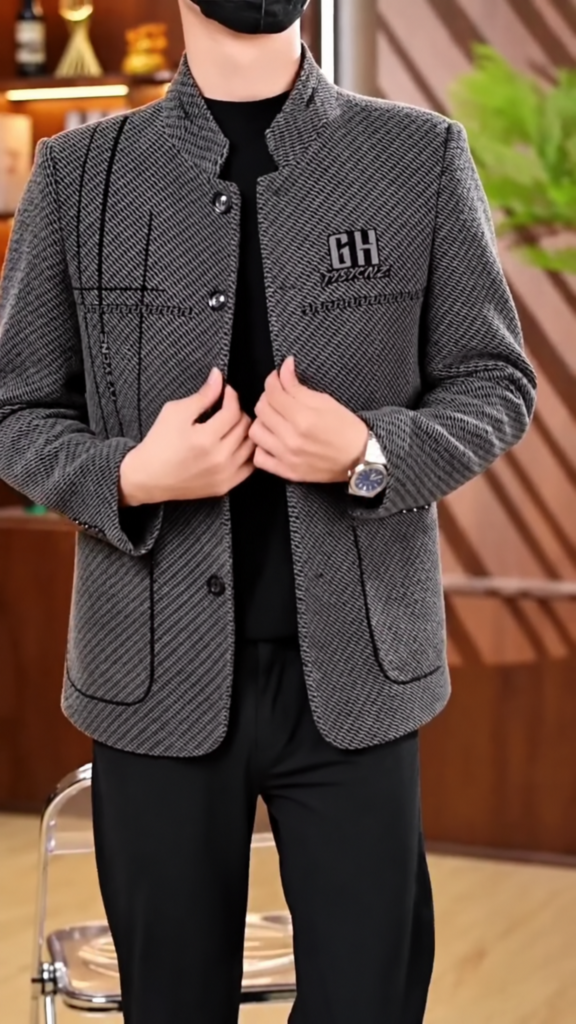 A stand-collar puffer jacket with colour-block panels