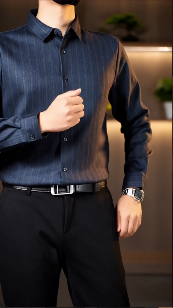 A maroon striped formal shirt in a slim fit