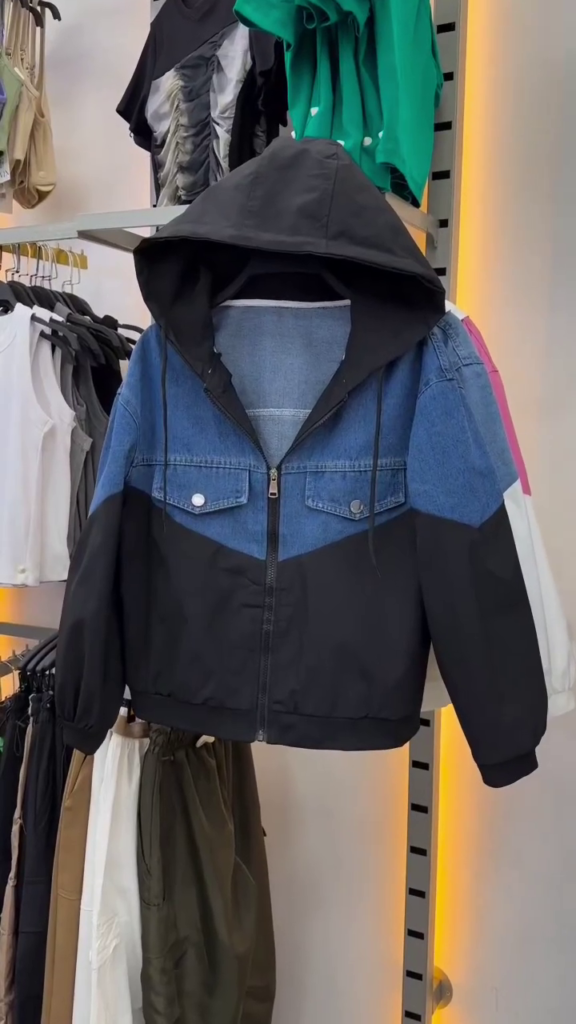 A black hooded denim jacket for women