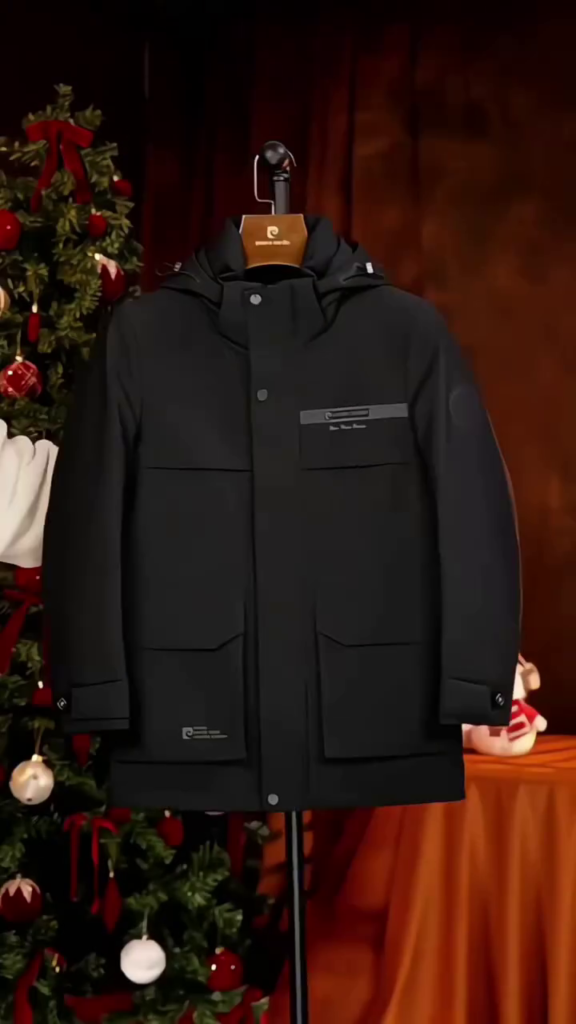 A black quilted down jacket with a hood