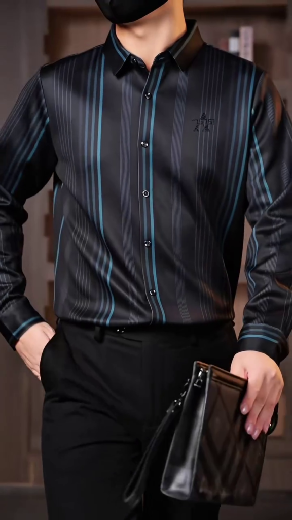 A black vertical-stripe formal shirt with contrast detailing