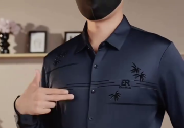 A navy blue designer formal shirt with embroidered detailing