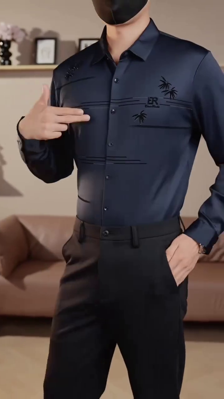 A navy blue designer formal shirt with embroidered detailing