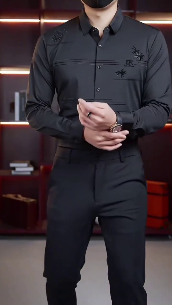 A charcoal grey designer formal shirt with embroidered accents