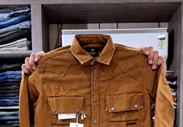 A classic denim shirt with a casual street-style look