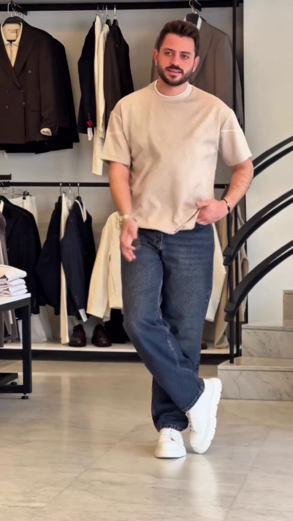 A beige modal oversized T-shirt with drop-shoulder sleeves